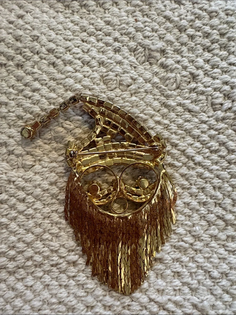 Vintage Gold Santa Brooch with Red, Blue and Clear Stones Fringe Beard